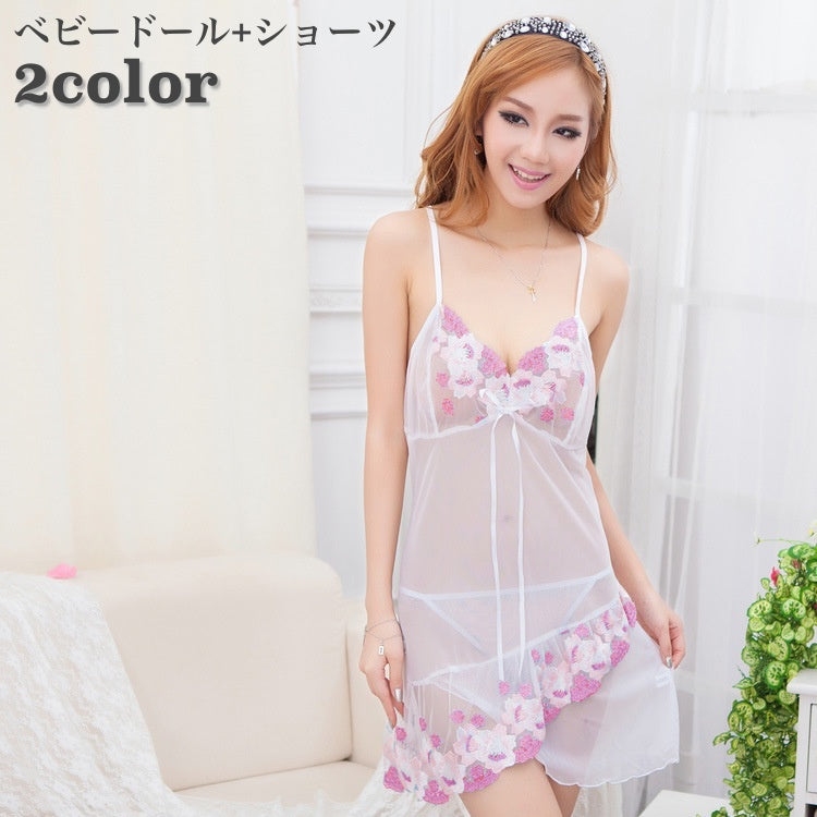 ベビードール ショーツ 2点セット レディース 女性用 ランジェリー インナー 下着 Tバック パンツ キャミソール ワンピース レース フラワー セクシー 透け感 シースルー お洒落 大人女子 婦人服