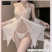 ベビードール Tバックショーツ 2点セット レディース 女性用 インナー 下着 ランジェリー 蝶々 バタフライ リボン シースルー 透け感 セクシー ミニ丈 深Vネック おしゃれ 可愛い 大人女子 ナイトウェア