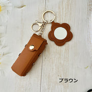 リップケース リップホルダー 口紅ケース 小物入れ 化粧品収納 ミラー 鏡付き レザー調 お花 フラワー 携帯 バッグチャーム キーホルダー