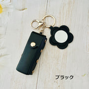 リップケース リップホルダー 口紅ケース 小物入れ 化粧品収納 ミラー 鏡付き レザー調 お花 フラワー 携帯 バッグチャーム キーホルダー