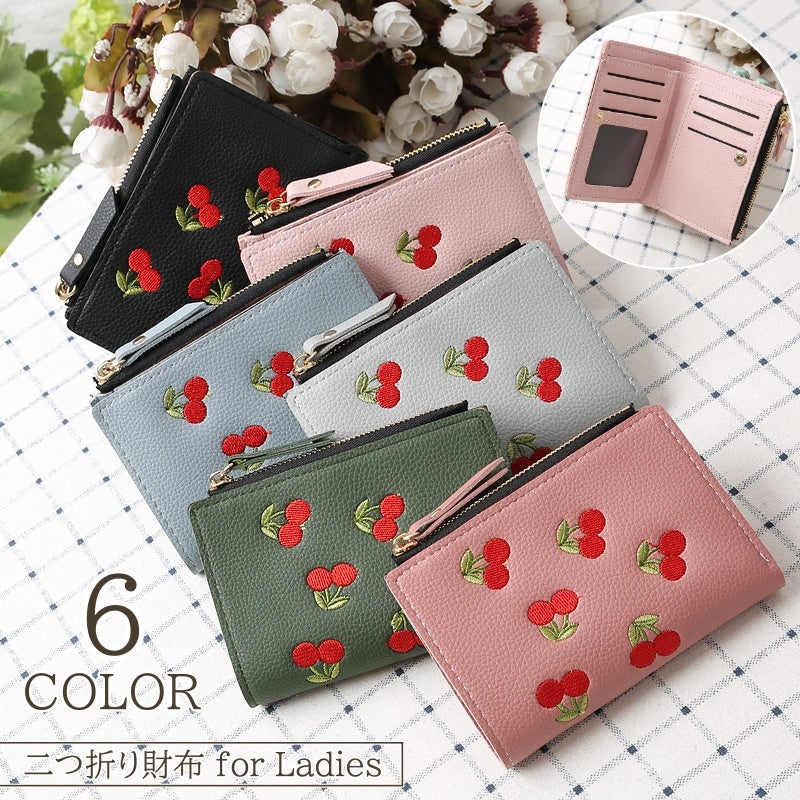 二つ折り財布 レディース 財布 カードケース コインケース ウォレット チェリー さくらんぼ PUレザー レザー調 ファスナー チャック かわいい おしゃれ 女性 大人女子