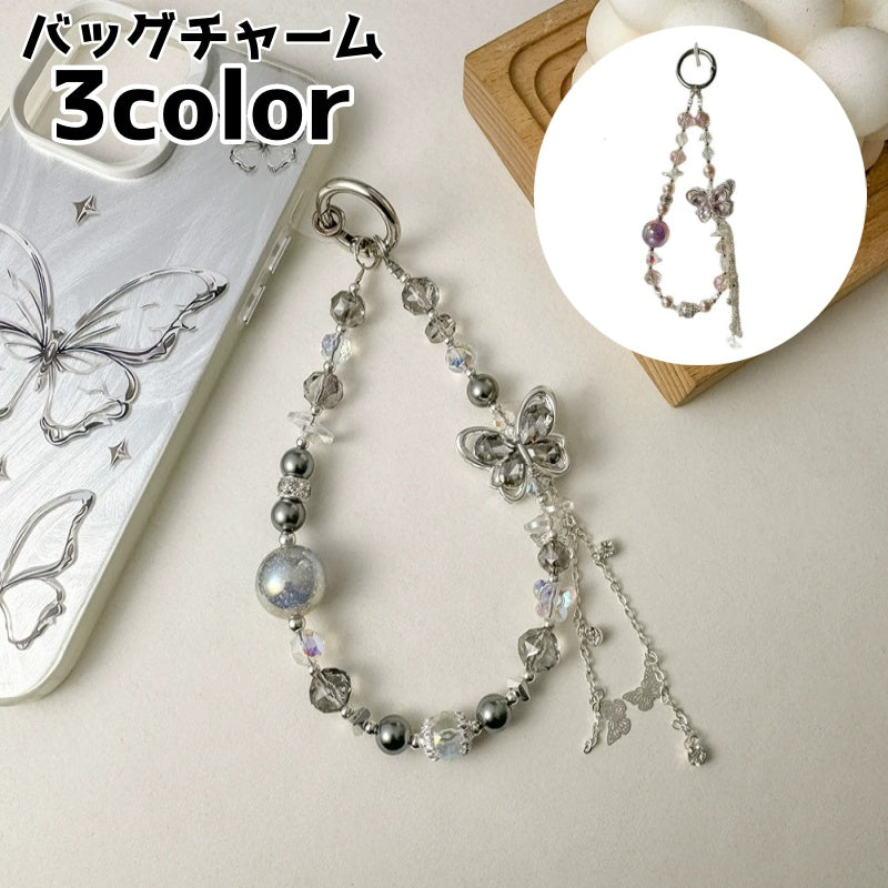 バッグチャーム レディース 女性 飾り キーチャーム バッグ用アクセサリー 装飾 ストラップ 蝶 ビーズ チャーム キーホルダー スマホアクセサリー バタフライ きらきら 韓国風 かわいい おしゃれ バッグ