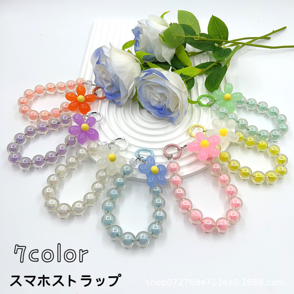 スマホストラップ ハンドストラップ ストラップ バッグチャーム キーホルダー フラワー 花 ビーズ クリア 半透明 かわいい キュート おしゃれ ガーリー 落下防止 プレゼント ギフト