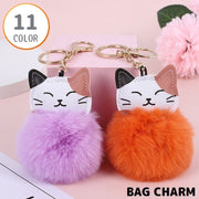 バッグチャーム キーホルダー キーリング 猫 ネコ キャット ふわふわ エコファー 毛玉 ポンポン 吊り下げ カラビナ付 可愛い
