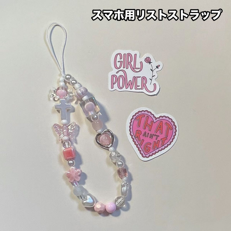 スマホ用リストストラップ 携帯ストラップ レディース 女性 スマホアクセサリー ビーズ ハート 蝶 落下防止 ピンク ポップ ガーリー 可愛い キュート おしゃれ スマホ周辺雑貨