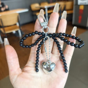 バッグチャーム キーホルダー キーリング チャーム リボン ビーズ ハート おしゃれ かわいい シルバー ブラック 韓国雑貨