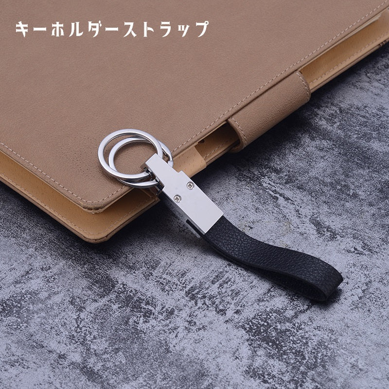 キーホルダー キーリング ストラップ キーチャーム ダブルリング ファッション小物 レザー調 おしゃれ シンプル シック クラシック プレゼント ギフト 黒 銀色