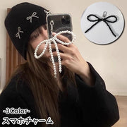 スマホチャーム 単品 1個 スマートフォンストラップ スマホストラップ リボンチャーム バッグチャーム 大きめ フェイクパール パール調 リボン バックチャーム 蝶結び キュート おしゃれ かわいい ブラック グレー ホワイト