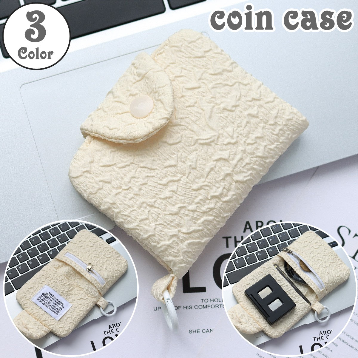 コインケース 小銭入れ ミニ財布 折りたたみ ジッパー ポケット シワ加工 スナップボタン カラビナ付き レディース 女性 婦人 女子 女の子 ミニウォレット 取り出しやすい 小物入れ 四角形 コンパクト シンプル かわいい お洒落 持ち運び