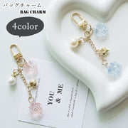 バッグチャーム キーホルダー ストラップ レディース 女性 ファッション雑貨 バッグ用アクセサリー スマホ用アクセサリー チェーン 薔薇 バラ フラワー お花 ハート フェイクパール ゴールドカラー 半透明 クリア ブルー ピンク パープル フェミニン ガーリー 可愛い キュート おしゃれ
