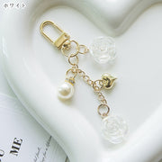 バッグチャーム キーホルダー ストラップ レディース 女性 ファッション雑貨 バッグ用アクセサリー スマホ用アクセサリー チェーン 薔薇 バラ フラワー お花 ハート フェイクパール ゴールドカラー 半透明 クリア ブルー ピンク パープル フェミニン ガーリー 可愛い キュート おしゃれ