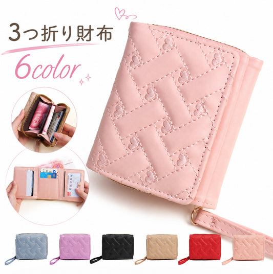 三つ折り財布 レディース ミニ ハート刺繍 小銭入れ カードケース 商品画像