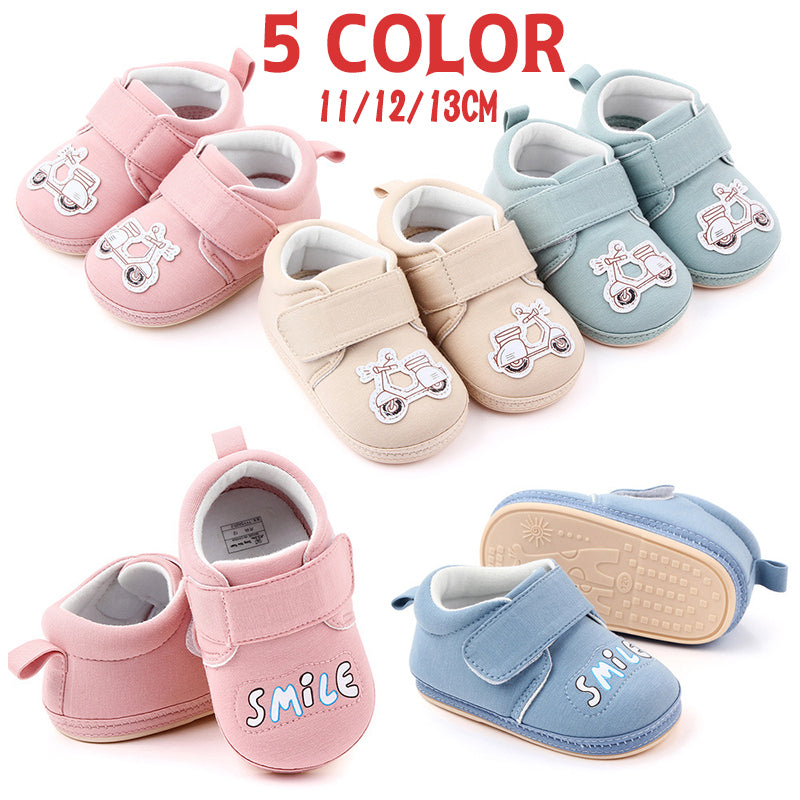 ベビーシューズ ベビー キッズ 子ども靴 紐なし マジック テープ バンド バイク SMILE プリント 履きやすい ラバーソール 滑りにくい シンプル かわいい ソフト お出かけ 散歩 カジュアル 男の子 女の子 ピンク ブルー ベージュ ライトグリーン 11cm 12cm 13cm