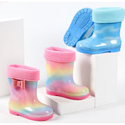 長靴 レインシューズ 子供用 キッズ 女の子 男の子 レインブーツ 雨具 靴 滑り止め 裏ボア 防寒 絞り口付き 防水 フード絞り 巾着型 リボン レインボー マーブル カラフル かわいい おしゃれ 防水 雨の日 お出かけ 外出 通園 通学 レイングッズ