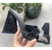ミュール サンダル ヒール高10cm 太ヒール チャンキーヒール レディース 婦人用 厚底 ハイヒール レザー調 靴 シューズ オープントゥ おしゃれ