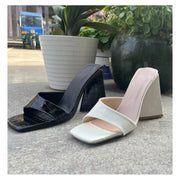 ミュール サンダル ヒール高10cm 太ヒール チャンキーヒール レディース 婦人用 厚底 ハイヒール レザー調 靴 シューズ オープントゥ おしゃれ