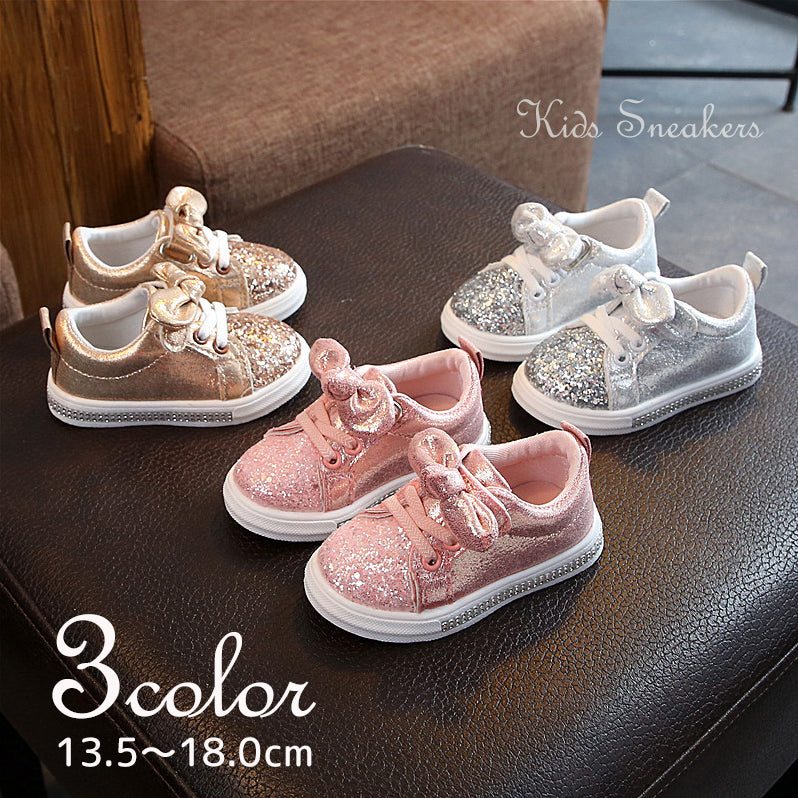 スニーカー 子供靴 子供用 キッズ 女の子 ガールズ 靴 くつ ラメ リボン ラインストーン 面ファスナー レースアップ PU キラキラ かわいい おしゃれ
