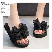 サンダル 厚底 フラットソール レディース 女性用 リボン オーガンジー オープントゥ おしゃれ 可愛い カジュアル おでかけ 普段使い デイリー ビーチ リゾート プール スリッパ くつ シューズ 婦人靴 ブラック