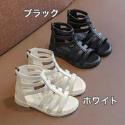 グラディエーターサンダル キッズ ジュニア 女の子 ガールズ フラット バックファスナー アンクルストラップ かかとジッパー ローヒール ぺたんこ ペタンコ オープントゥ シンプル お洒落 お出かけ 普段使い ブラック ホワイト 女児 子ども こども 子供靴 くつ シューズ