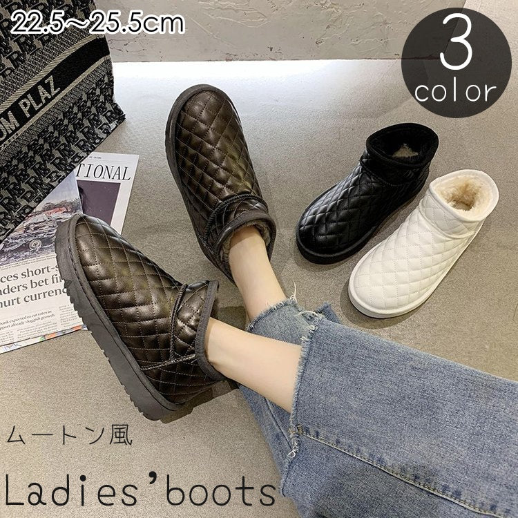 ブーツ ムートン風 レディース 女性 靴 ショート キルティング フェイクレザー ボア もこもこ ふわふわ 暖かい あったか 防寒 冬 かわいい おしゃれ
