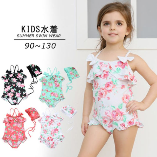 キッズ水着 水着 キャミソールワンピース キャップ付き 花柄 フラワー 商品画像