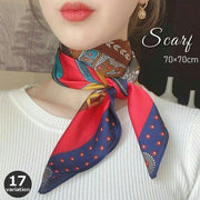 スカーフ レディース 女性用 70cm角 首元 アレンジ バッグ シルクタッチ プリント おしゃれ エレガント 上品 きれいめ こなれ感 大人かわいい レッド イエロー ピンク 赤 黄色 ファッション小物