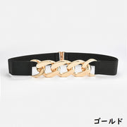 ベルト レディース ゴム ラバー チェーン風 バックル シンプル 無地 上品 存在感 ウエストマーク 伸縮 穴なし ストレッチ フリーサイズ おしゃれ かわいい カジュアル フォーマル お出かけ ファッション小物 雑貨 女性 ゴールドカラー シルバーカラー