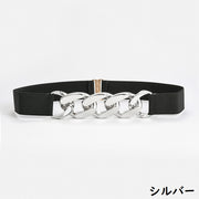 ベルト レディース ゴム ラバー チェーン風 バックル シンプル 無地 上品 存在感 ウエストマーク 伸縮 穴なし ストレッチ フリーサイズ おしゃれ かわいい カジュアル フォーマル お出かけ ファッション小物 雑貨 女性 ゴールドカラー シルバーカラー