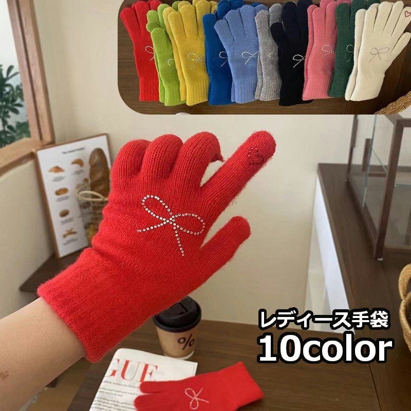 手袋 グローブ 指穴あり ハンドウォーマー レディース 婦人用 ニット 防寒 防風 秋冬 スマホ タブレット操作 通勤 通学 暖かい おしゃれ かわいい リボン ハート