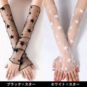 アームカバー シアーレース 腕カバー ロング丈 透け感 春夏 日除け 冷房避け ファッション小物 星 ドット 花柄 おしゃれ ブラック ホワイト