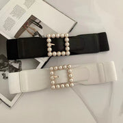 サッシュベルト レディース 女性 ファッション雑貨 幅広 スクエアバックル ゴム PUレザー フェイクレザー フェイクパール 無地 ブラック ホワイト レッド おしゃれ クール かっこいい カジュアル かわいい キュート