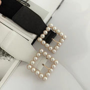 サッシュベルト レディース 女性 ファッション雑貨 幅広 スクエアバックル ゴム PUレザー フェイクレザー フェイクパール 無地 ブラック ホワイト レッド おしゃれ クール かっこいい カジュアル かわいい キュート
