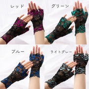 レース手袋 レディース 手袋 グローブ 花柄 指出し レッド グリーン ブルー グレー かわいい 伸縮性