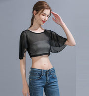 シースルーTシャツ レディース 大きいサイズ トップス 半袖 ショート丈 ハーフ丈 クルーネック ラウンドネック フリル袖 黒 白 透け感 おしゃれ かわいい