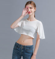 シースルーTシャツ レディース 大きいサイズ トップス 半袖 ショート丈 ハーフ丈 クルーネック ラウンドネック フリル袖 黒 白 透け感 おしゃれ かわいい