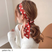 スカーフ ナロースカーフ 細スカーフ ロング 総柄 ヘアリボン バッグスカーフ ボウタイ リボンスカーフ ネックスカーフ ファッション小物 首巻き ヘアアレンジ プリント 花柄 ドット ハート ペイズリー  ワンポイント 冷房対策 紫外線対策