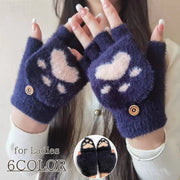 手袋 レディース 2WAY ミトン ハーフフィンガー ふわふわ フェイクファー ニット 肉球 アニマル かわいい おしゃれ キュート 女性 大人女子 あたたかい あったか 防寒 寒さ対策 秋冬 おでかけ