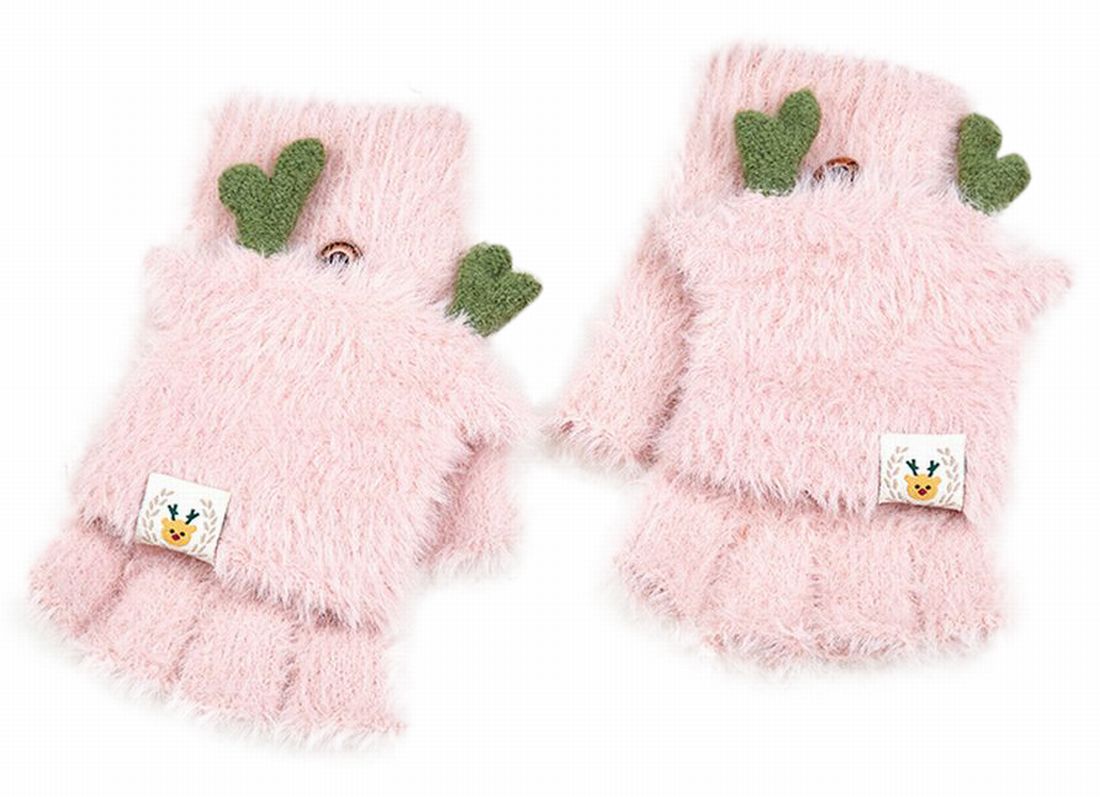 手袋 レディース ニット モコモコ トナカイ おしゃれ 指 5本指 ミトン おしゃれ かわいい 無地 プレゼント ギフト 冬 防寒 暖かい