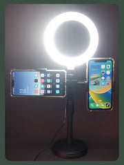 スマホスタンド スマートフォンスタンド スマホホルダー 携帯ホルダー リングライト付き LED ライト リチウム 充電式 3段階調色 卓上 置き型 シンプル スマホ 携帯 固定 写真 動画 撮影 黒 ブラック