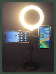 スマホスタンド スマートフォンスタンド スマホホルダー 携帯ホルダー リングライト付き LED ライト リチウム 充電式 3段階調色 卓上 置き型 シンプル スマホ 携帯 固定 写真 動画 撮影 黒 ブラック