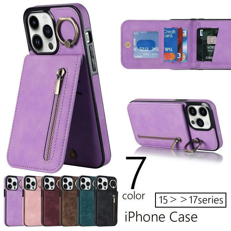 iPhoneケース iPhoneカバー スマホケース 携帯カバー スマホ ケース スマホリング クレジットカード入れ カードケース付き ファスナー RFID 傷防止 汚れ防止 耐衝撃 背面保護 15 16 17 Pro ProMax Plus シンプル 単色 カジュアル おしゃれ 黒 茶 青 ワイン 紫 ピンク オフホワイト