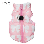 ペットウェア ダウン風ベスト 犬服 ジップアップ 中綿入り 防寒 ペット服 ペット用 秋冬 リボン柄 チャック開閉 背中側開閉 かわいい おしゃれ お出かけ