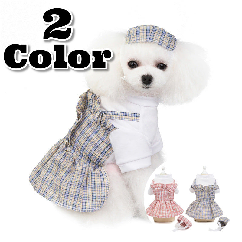 ドッグウェア ワンピース 犬 イヌ 犬服 帽子 2点セット ペットウェア 半袖 袖あり フェイクレイヤード 重ね着風 チェック 格子柄 お散歩 お出かけ かわいい ガーリー おしゃれ 小型犬用 わんちゃん