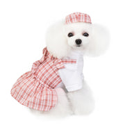 ドッグウェア ワンピース 犬 イヌ 犬服 帽子 2点セット ペットウェア 半袖 袖あり フェイクレイヤード 重ね着風 チェック 格子柄 お散歩 お出かけ かわいい ガーリー おしゃれ 小型犬用 わんちゃん