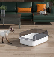 猫用トイレ キャットトイレ 長方形 猫砂用トレー ねこ CAT トイレタリー用品 飛び散り防止 砂取り板付 砂トイレ ペット用品 シンプル ホワイト グレー ネイビー