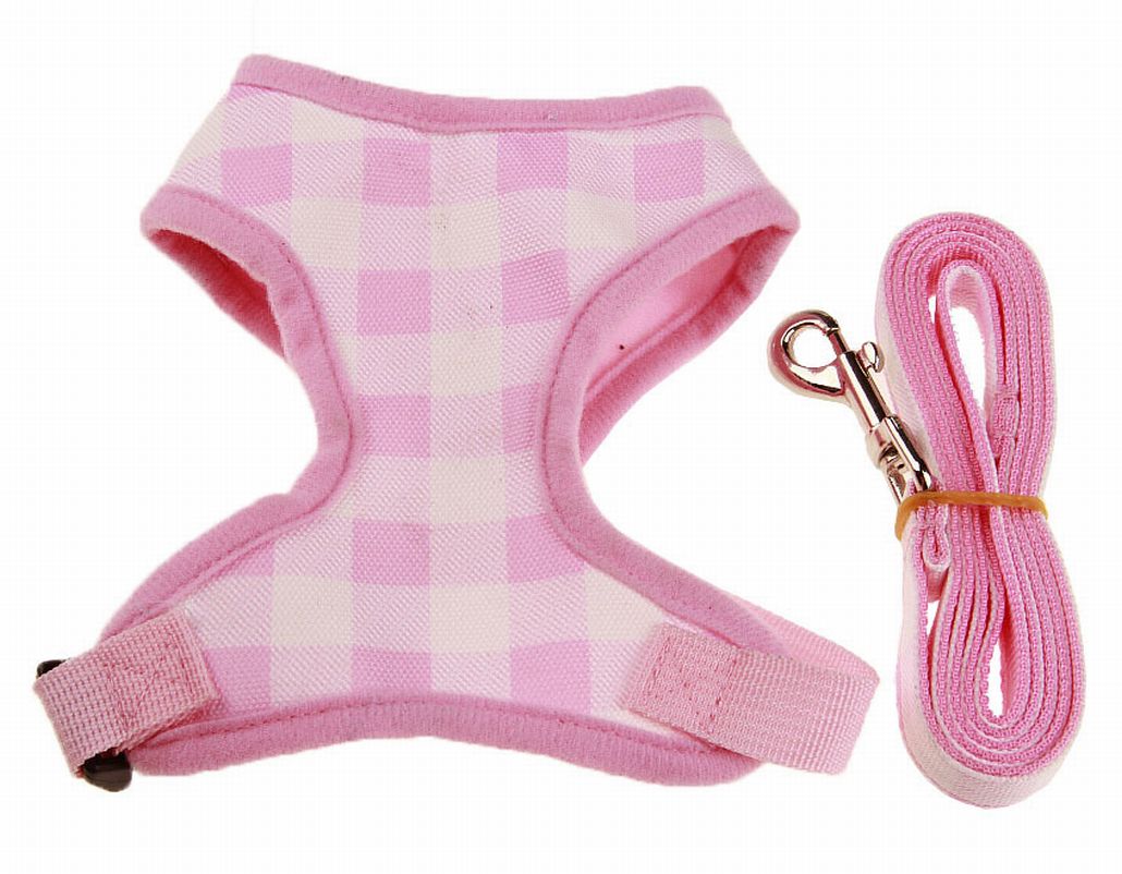 犬用ハーネス リードセット ペット用 リーシュ 胴輪 胸当て 【工字型】チェックピンク バリエーション画像
