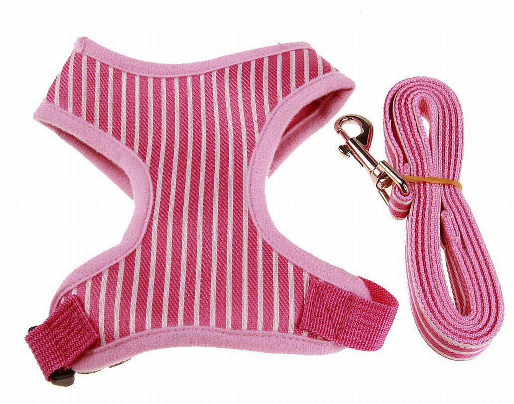 犬用ハーネス リードセット ペット用 リーシュ 胴輪 胸当て 【工字型】ストライプピンク バリエーション画像