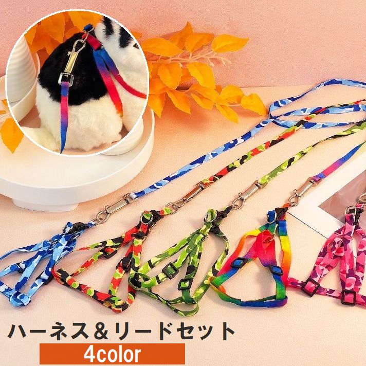 ハーネス リード 2点セット 犬用 猫用 小型犬 ペット用品 胴輪 散歩紐 牽引紐 平紐 迷彩 カラフル お散歩 おでかけ おしゃれ