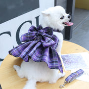 ペットウェア ワンピース リード付き 2点セット ドッグウェア 犬服 Dカン付き 袖なし スナップボタン ペット用品 犬用品 犬の服 チェック柄 リボン かわいい おしゃれ