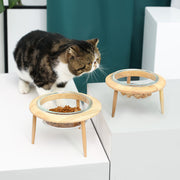 ペット用食器 フードボウル 猫用 犬用 ガラス製 ペット用品 エサ入れ 餌入れ 水入れ 600ML 丸形 脚付き 高さ調節 傾斜 木 ナチュラル おしゃれ ペットグッズ ねこ ネコ いぬ イヌ